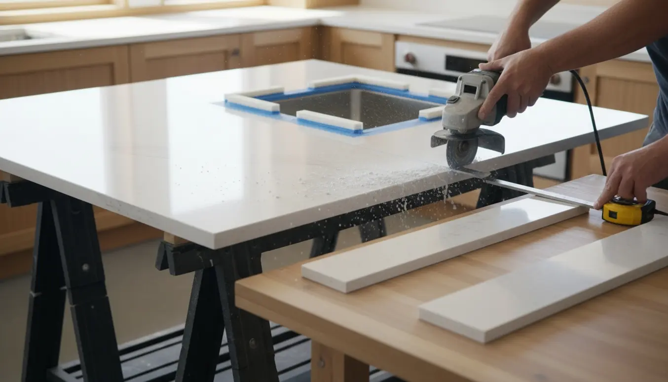 Silestone-bordplade med vask skæres præcist til med diamantklinge og måleværktøj i et lyst køkken.