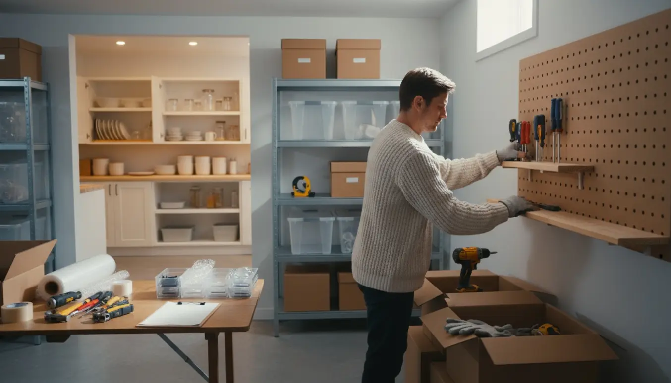 Rodet kælder med reoler og en tom værktøjshylde, hvor hænder organiserer kasser, og et køkkenskab er ryddet i baggrunden.