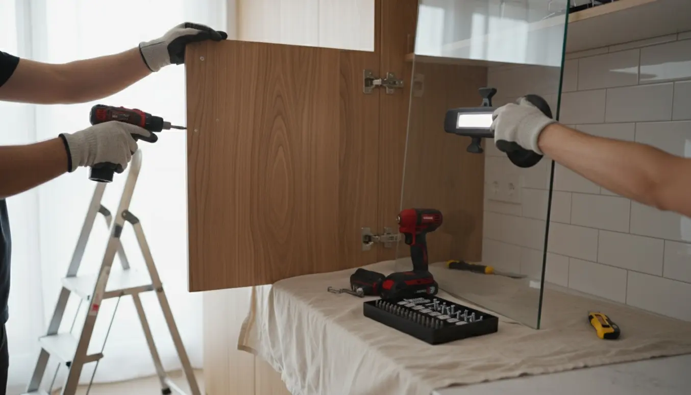 Nogen fjerner køkkenskabslåger og en glasplade fra væggen med værktøj og sugekop.