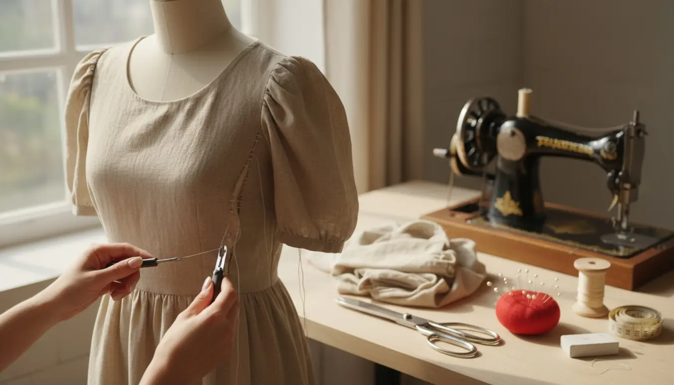 Hænder fjerner puffærmer fra en kjole på en dressform ved et solbelyst sybord.