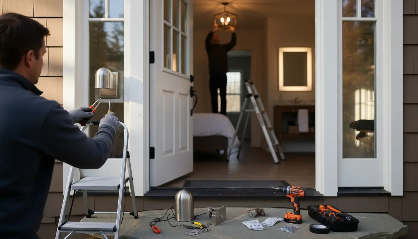 Montør udskifter udendørslamper ved husets indgang, mens værktøj, en loftslampe og et lille badeværelsesspejl ligger klar til montering.