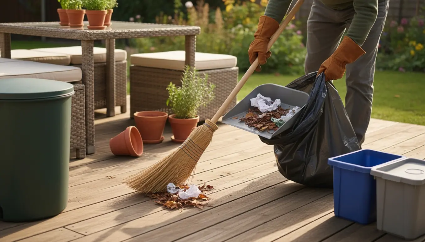 Person rydder affald på en soloplyst træterrasse med kost og affaldspose, ansigt ikke synligt.