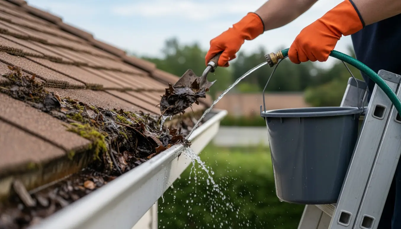 En person på en stige renser en lang tagrende med handsker og spand på et parcelhus.