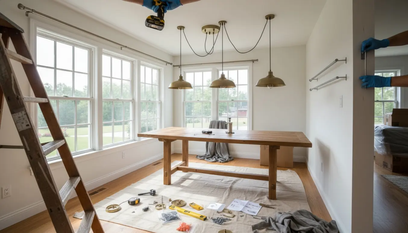 Montering af flere loftslamper og tre gardinstænger i en lys stue med stige og værktøj synligt.