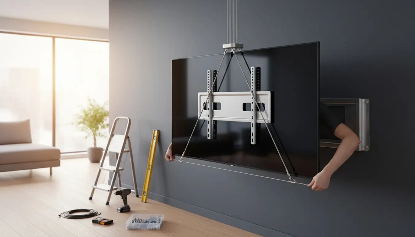 En stor fladskærm monteres på væggen med wireophæng, værktøj og kabelstyring i et lyst opholdsrum.