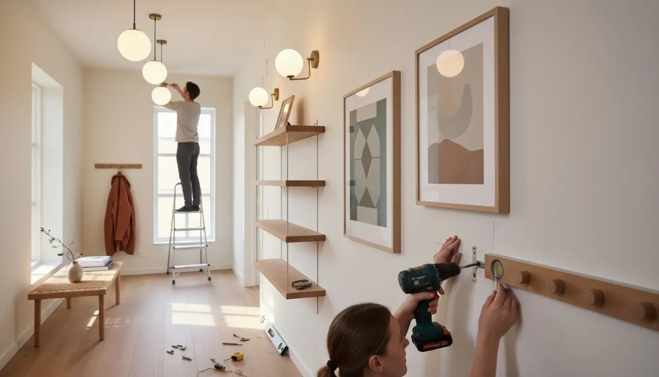 Opsætning af lamper, billeder, hylder og knagerække i en lys entré med stige og værktøj.