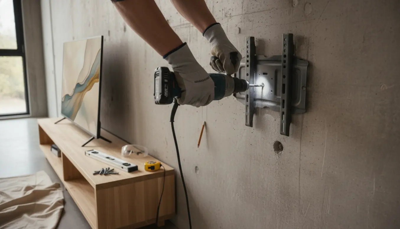 Nærbillede af montering af 32-tommer ramme-tv på betonvæg med borehammer og vægbeslag.