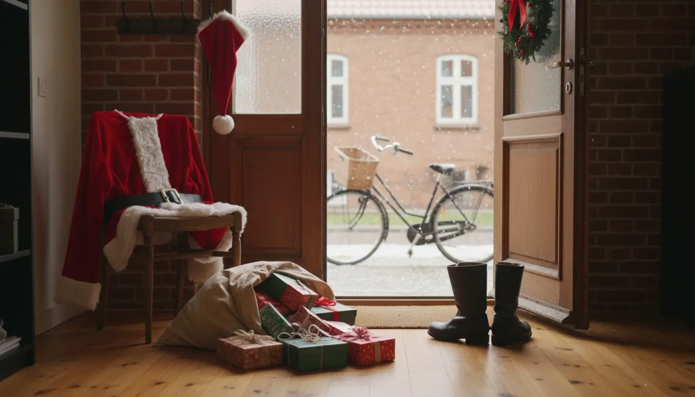 Santa-dragt, støvler og gavepose klar i en hyggelig Valby-entre på juleaften.