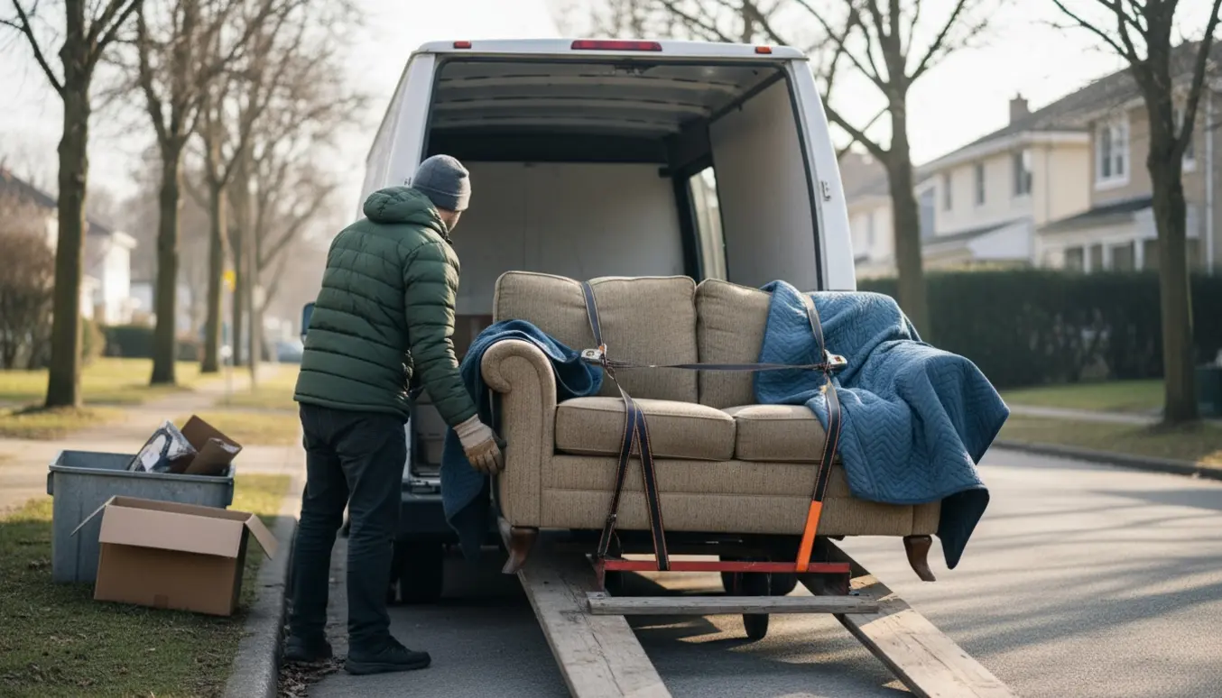 En lille to-personers sofa bliver læsset ind i en varevogn med flytteudstyr, uden tydelige ansigter.