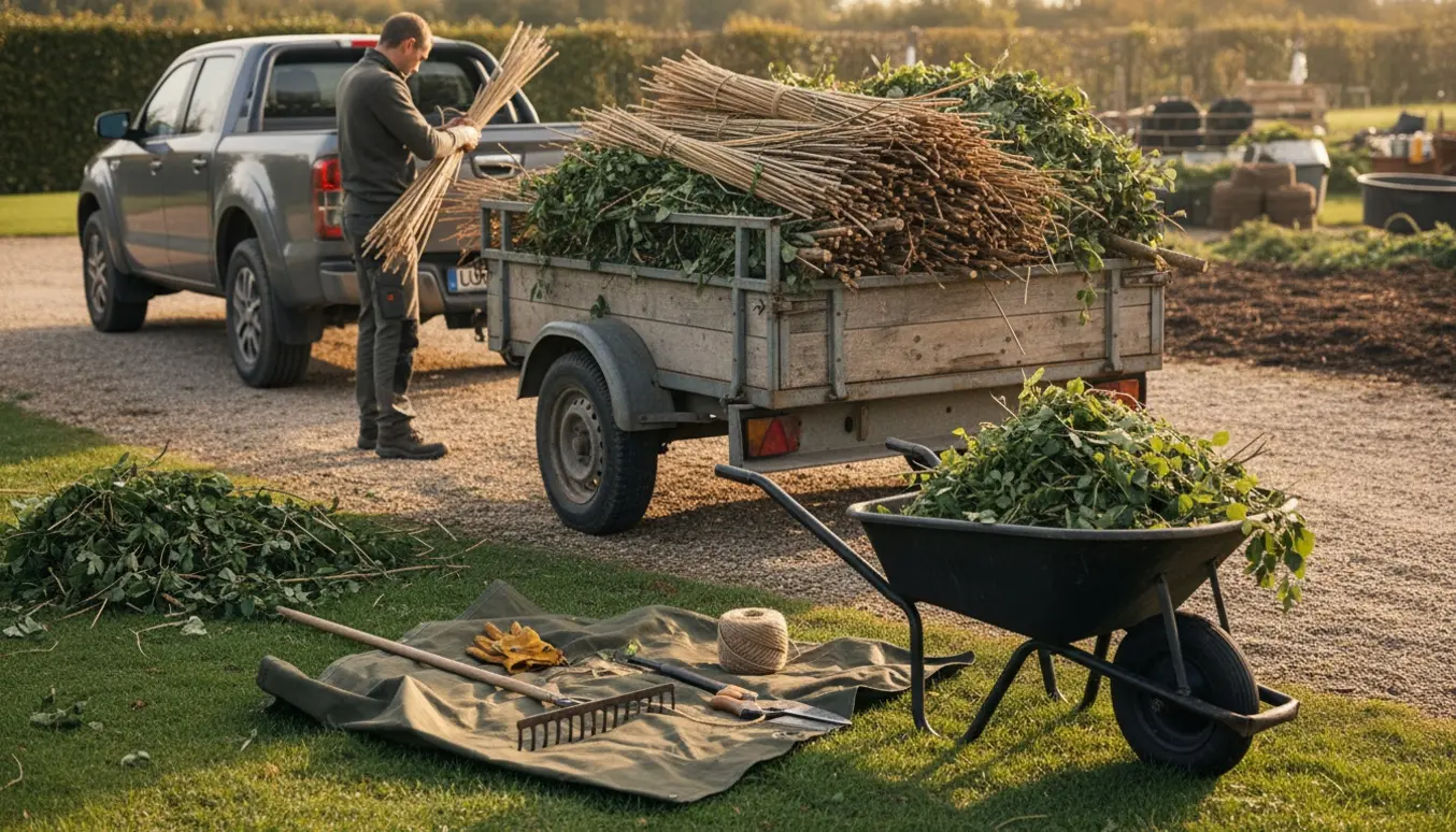 Trailer og værktøj ved haveoprydning med adskilte bunker af siv, træaffald og haveaffald.