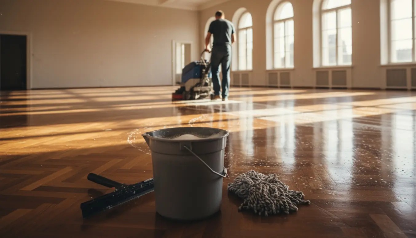 Professionel gulvvask af lakeret trægulv med skuremaskine og moppe i en lys, åben sal.