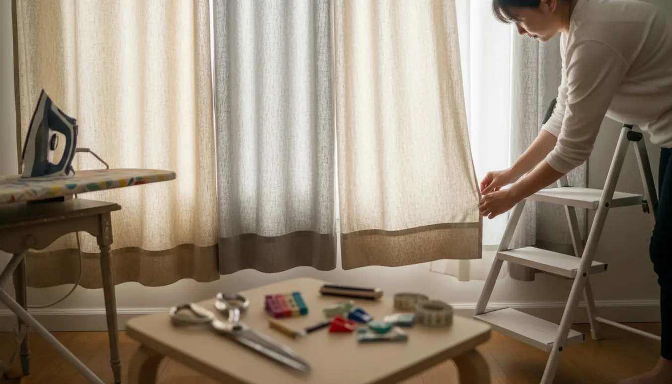 Hænder pinner en ny kortning på fem gardinpaneler hængt på en monteret gardinstang i blødt dagslys.