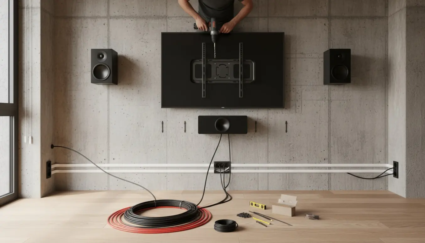 Installatør monterer et stort TV og fem surround-højtalere på betonvægge, mens kabler skjules i en diskret kabelkanal.