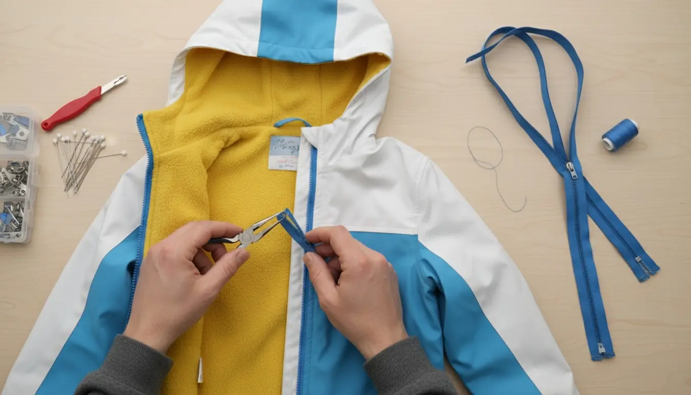 Nærbillede af en børnejakke på et lyst træbord med manglende lynlås og værktøj til udskiftning.
