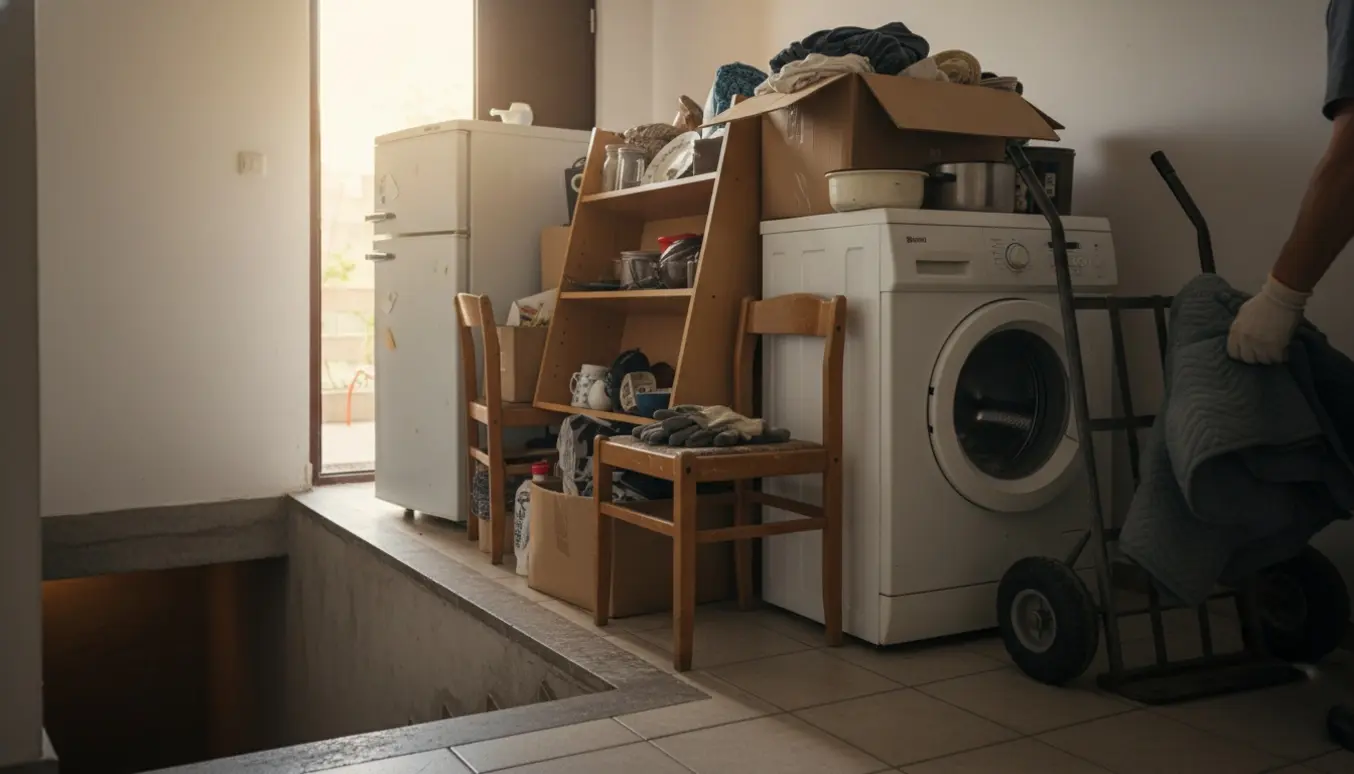 Storskrald i opgang med køleskab, vaskemaskine, små møbler og kasser klar til afhentning.