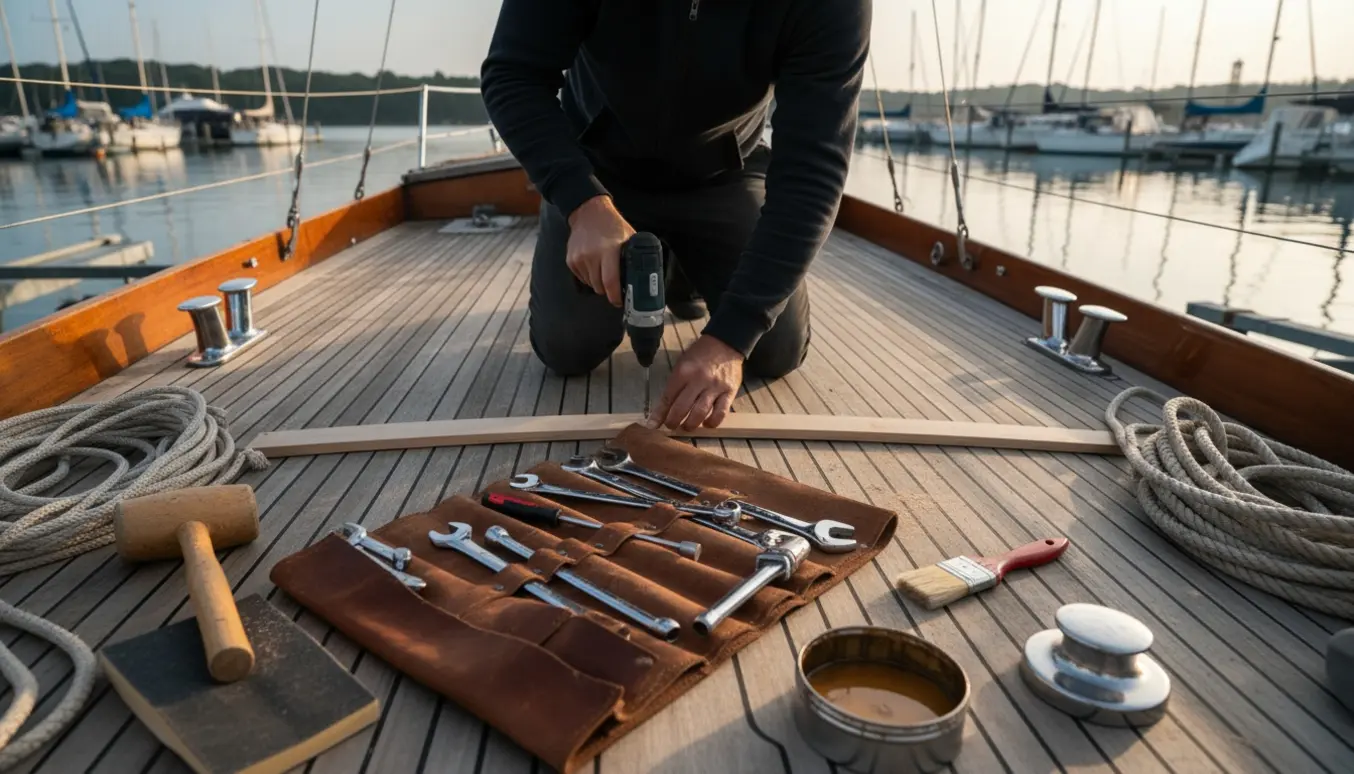 Håndværker monterer teakplanker og beslag på en båd ved en marina.
