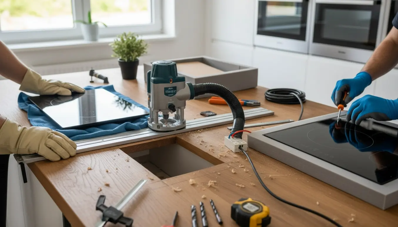 Håndværker udskærer bordplade og forbereder montering af en større induktionskogeplade.