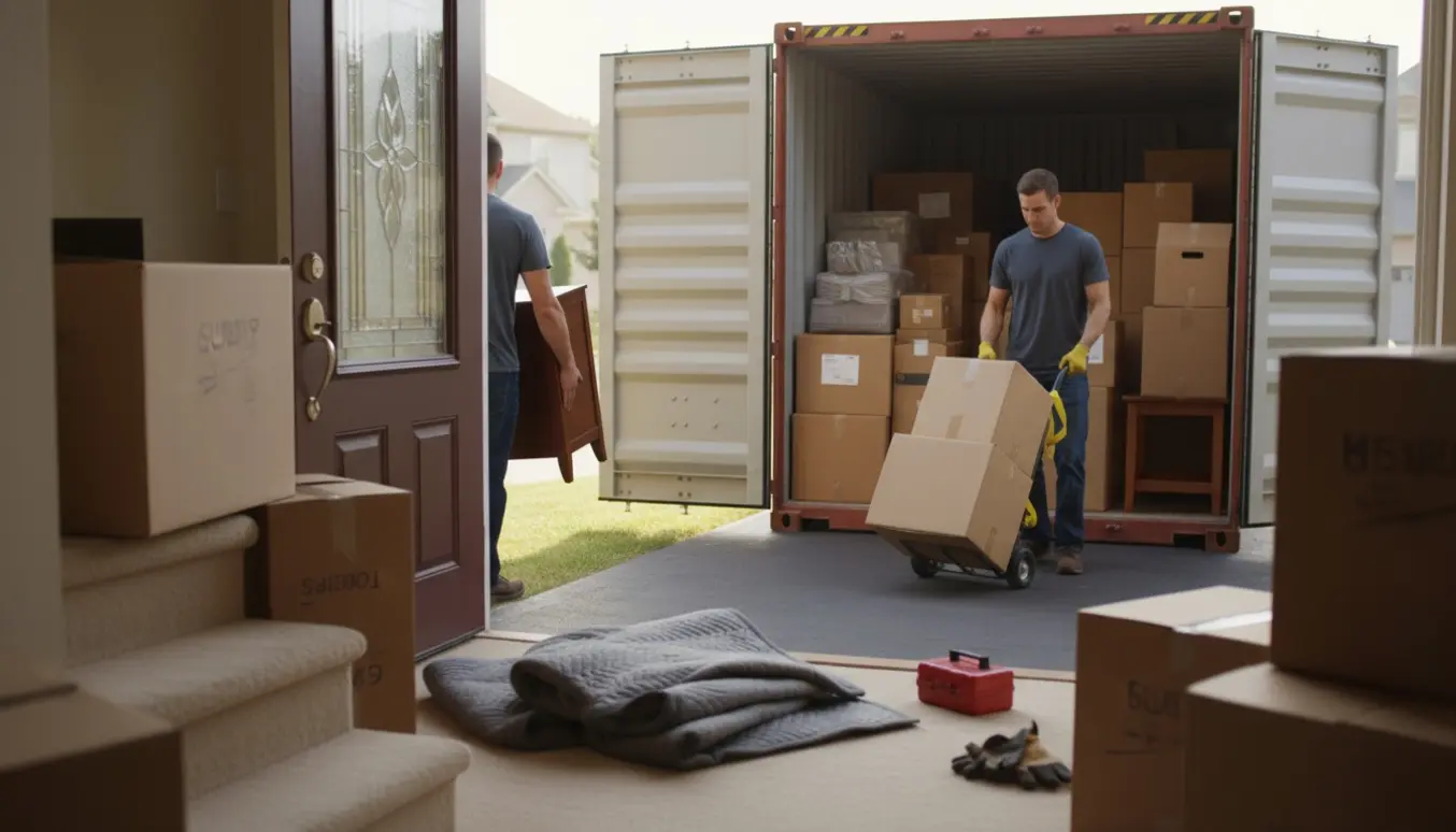 Flyttekasser og møbler bæres ned ad en trappe mod en åben flyttecontainer i indkørslen.
