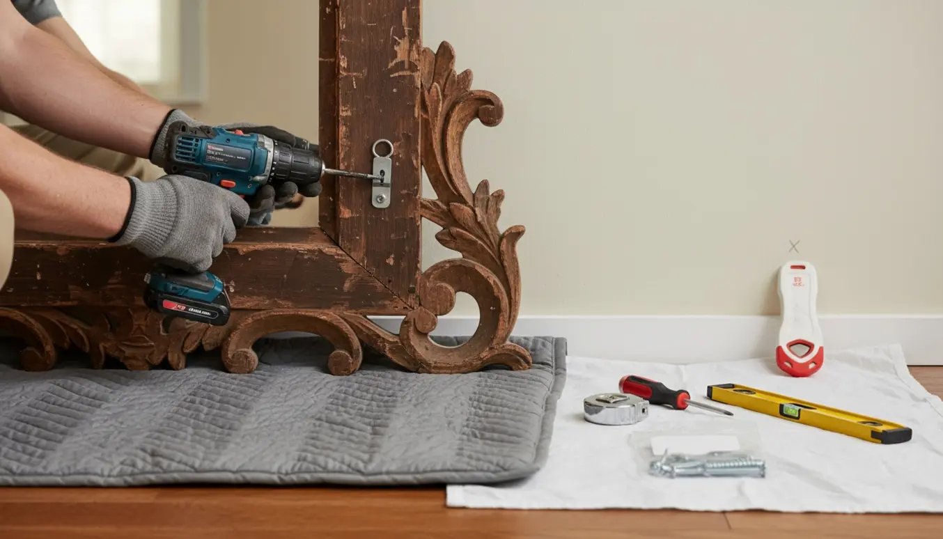 Hænder monterer solide ophængskroge og vægankre på bagsiden af et gammelt spejl foran en gipsvæg.