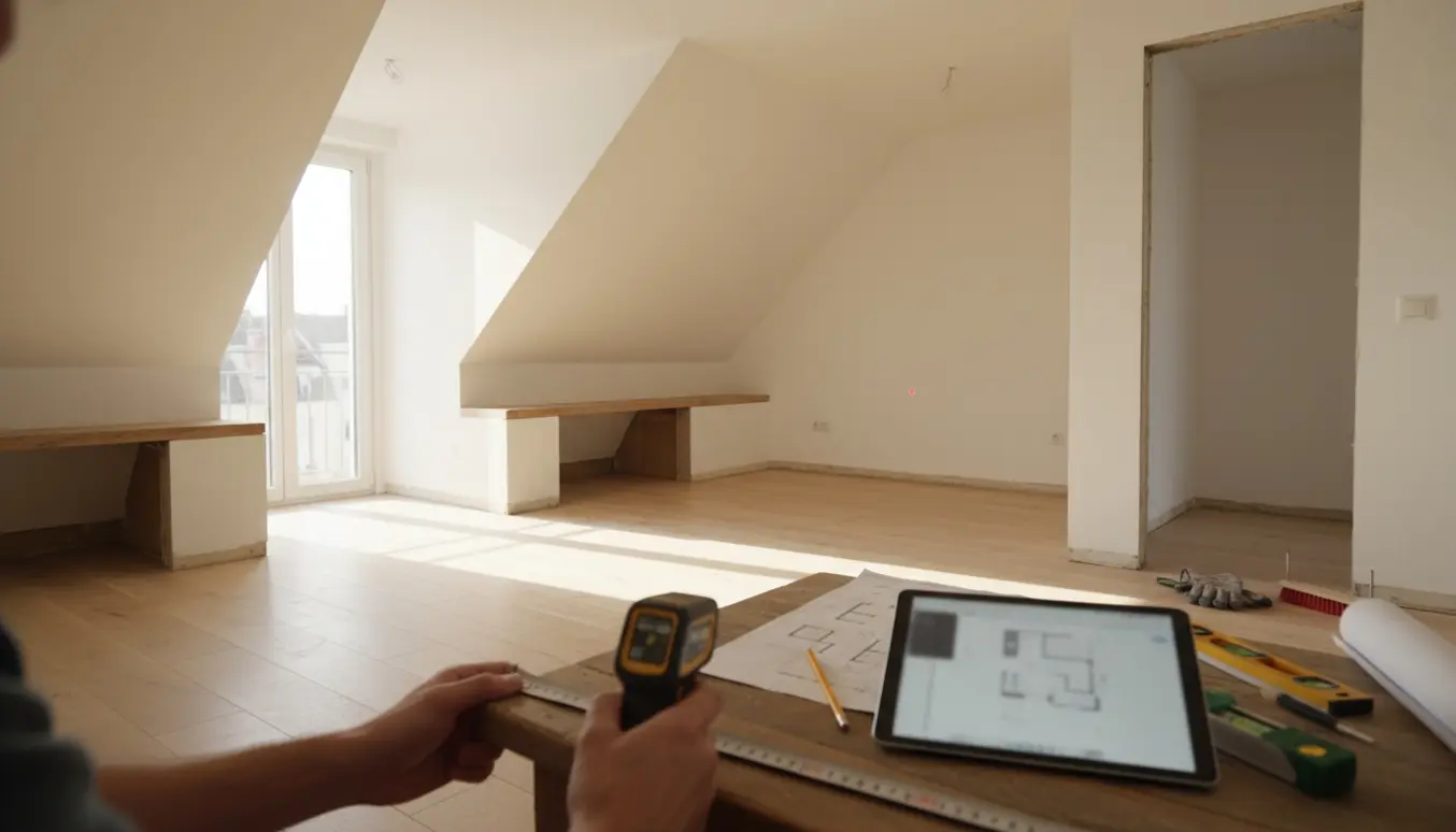Måling af lejlighed med skråvægge og fjernede skunkvægge med laserafstandsmåler og plantegning.