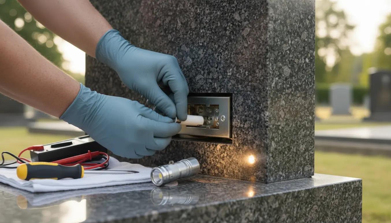 Isolerede hænder skifter en tarif­sikring i en poleret gravsten med skruetrækker og multimeter.