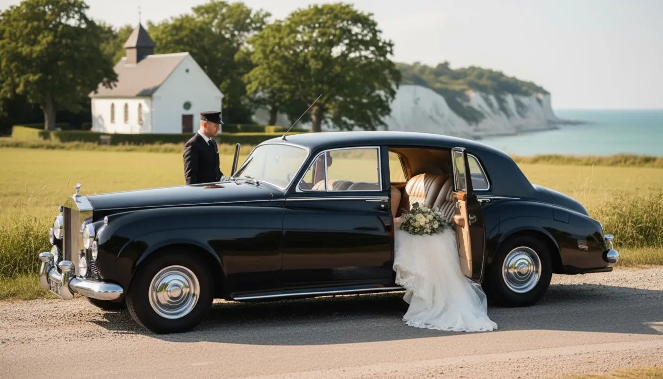 Vintage bryllupsbil ved en landsbykirke på Møn med brudkjole og buket i bagagerummet.