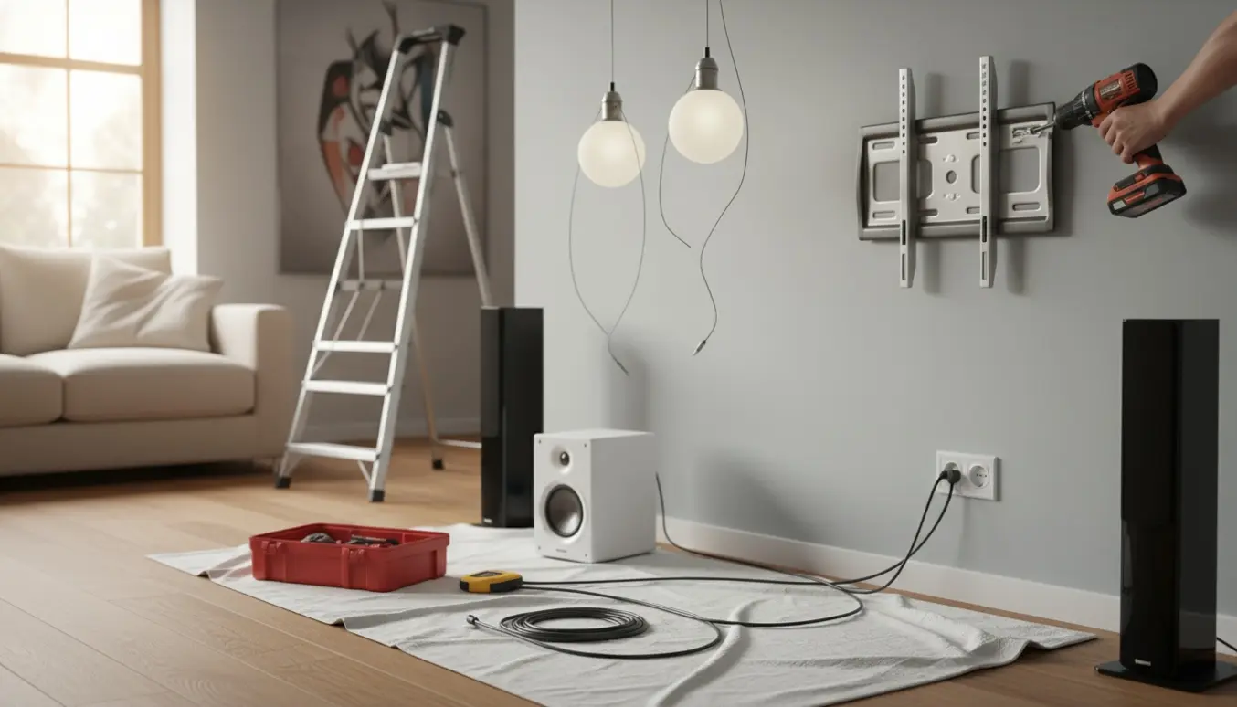 Hænder monterer et TV-vægbeslag på en nymalet stuevæg med højttalere og lamper klar til opsætning.