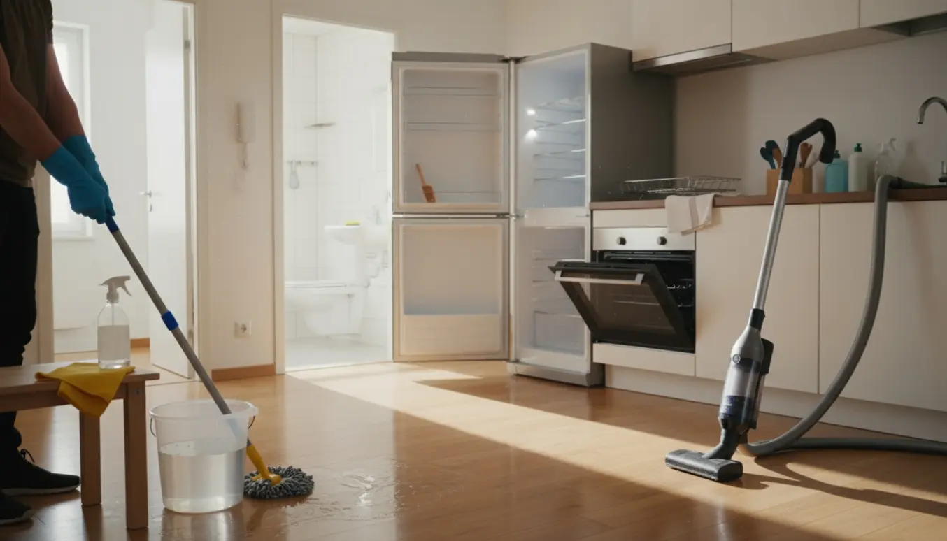 Lyst, næsten tomt fireværelses lejlighed under grundig rengøring med moppe, støvsuger og rengøringsmidler.
