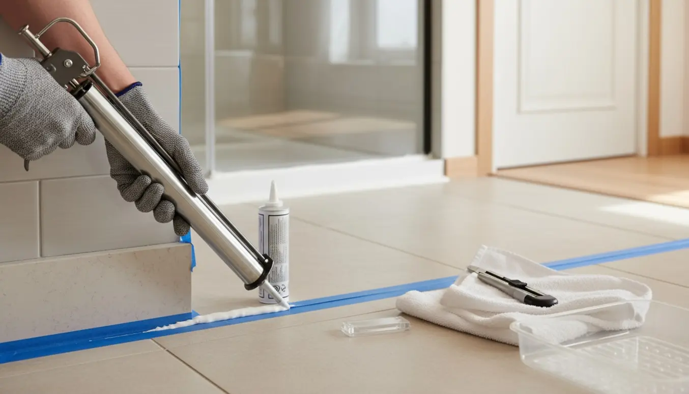 Nærbillede af fugearbejde med fugepistol på bordplade, synlige fuger ved brusekabine og dørramme.