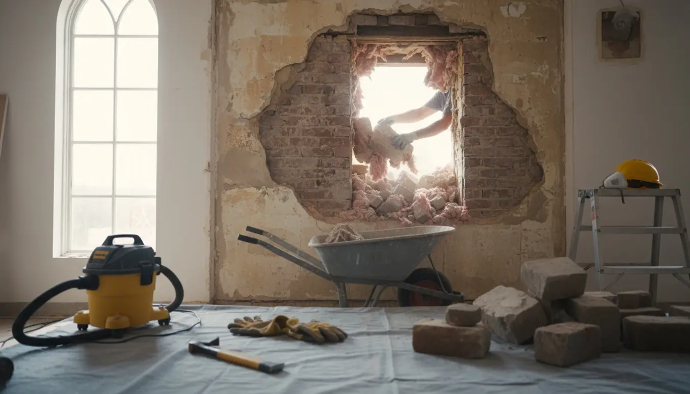 Nærbillede af fjernelse af sten og isolering fra et hul i en væg under en indvendig renovering.