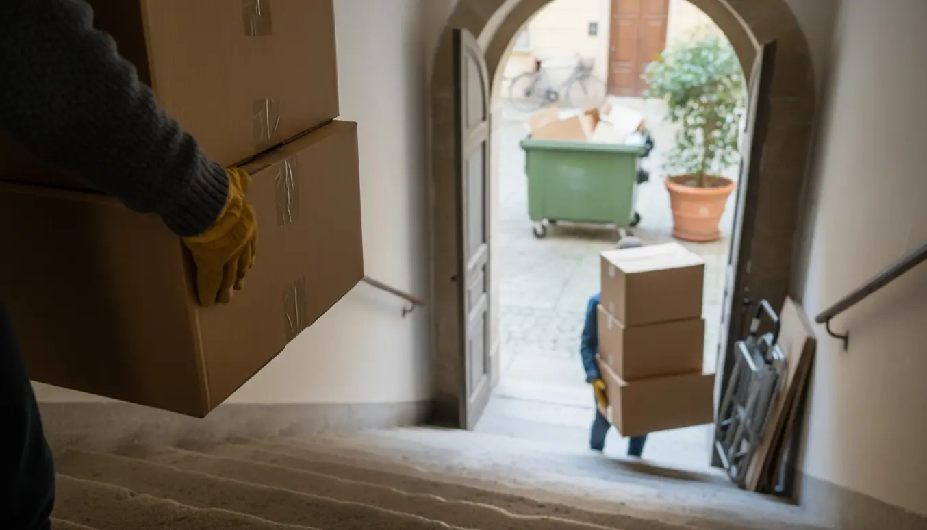 Papkasser bæres ned ad en trappe mod en container i gården.