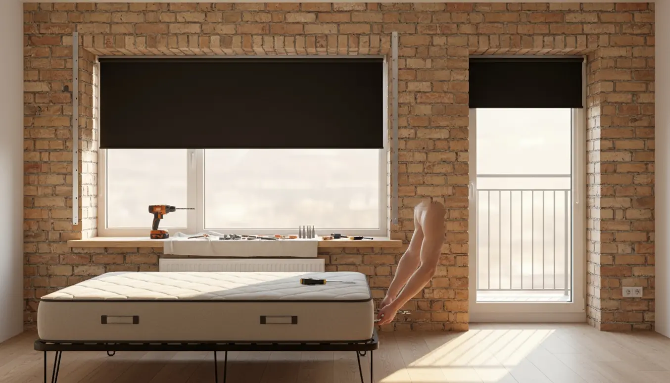 Hænder monterer sorte rullegardiner i murstensvinduer og strammer ben på en boxmadras med værktøj på vindueskarmen.