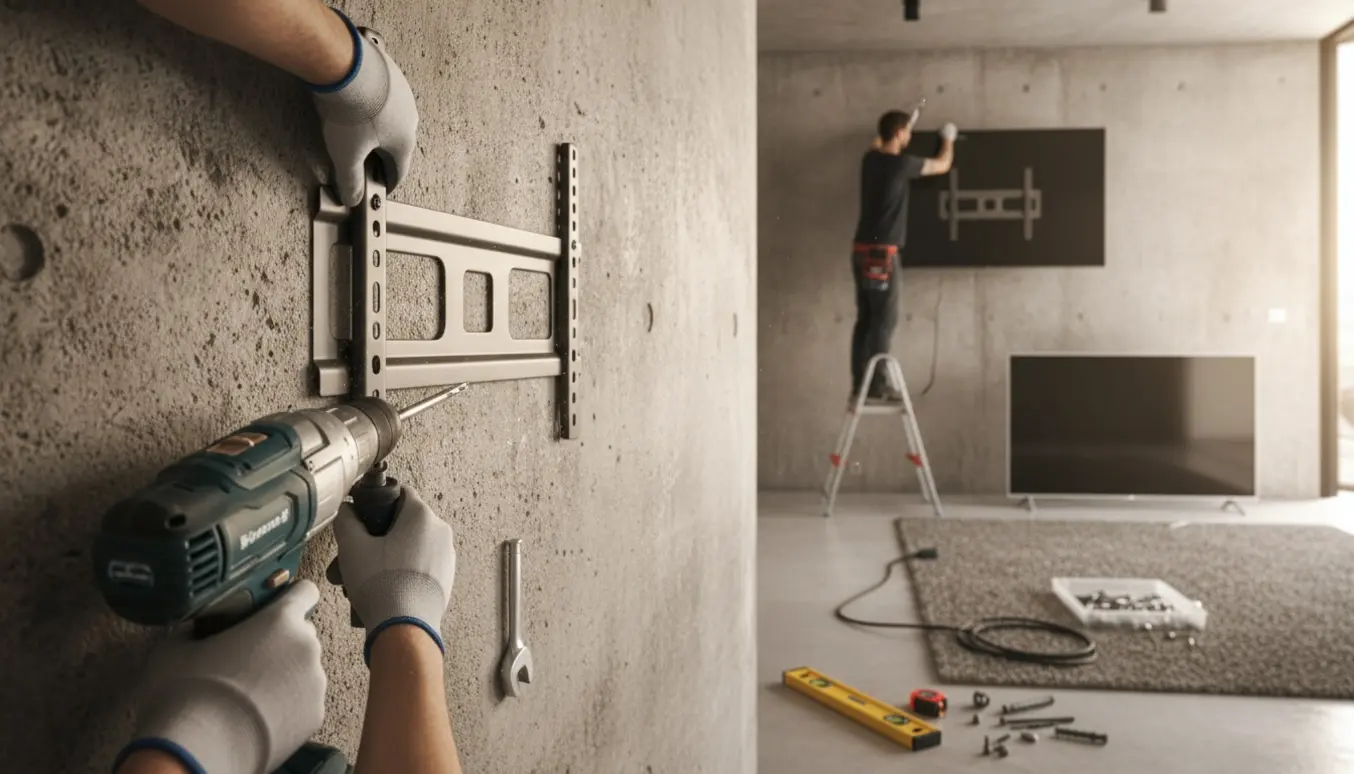 Installatører monterer et nyt 65 tommer tv på en betonvæg, mens det gamle 50 tommer tv står på gulvet.