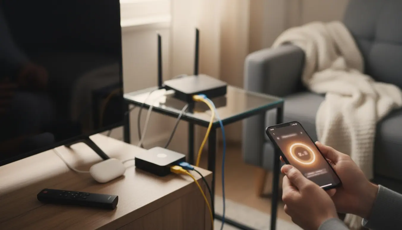 Nærbillede af hænder, der prøver at tilslutte en streaming-dongle til et TV med en ny router i baggrunden.