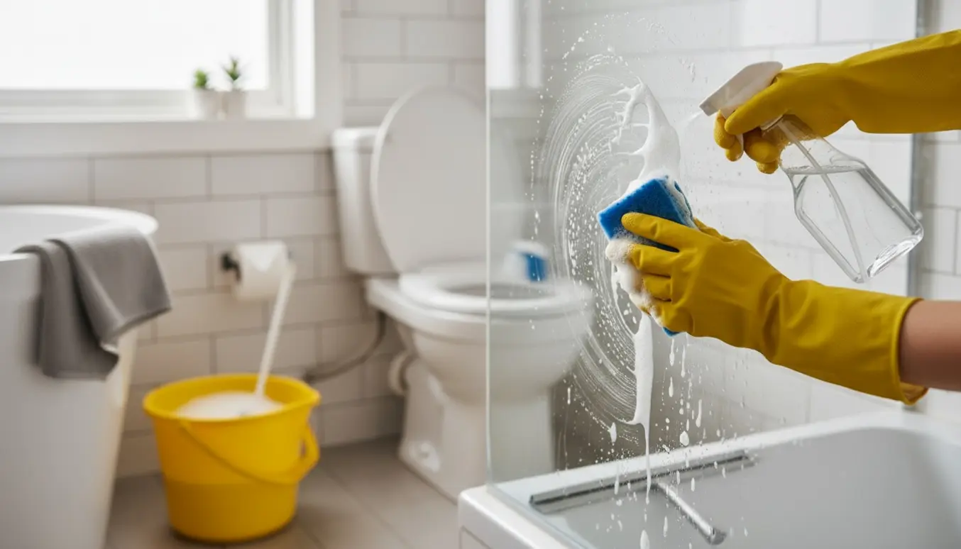 Hænder i gummihandsker afkalker bruseglas og rengør fliser og toilet ved fraflytning.