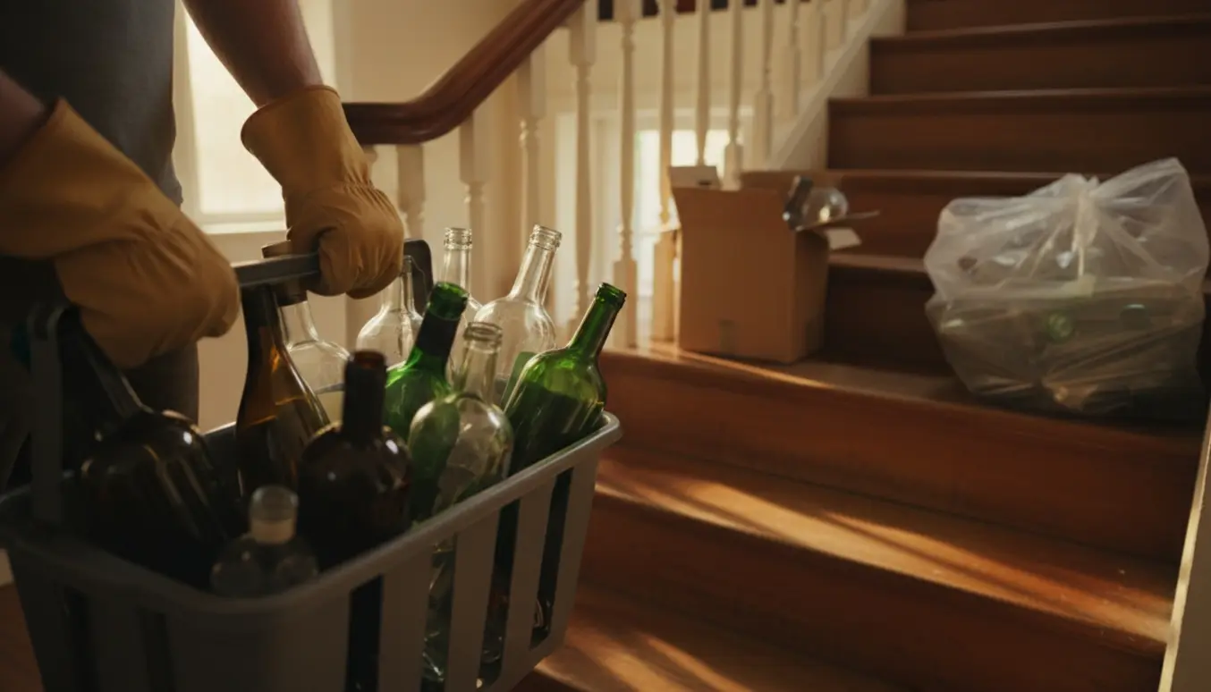 En plastikbakke med tomme vin- og sprutflasker bæres ned ad en lejlighedstrappe.