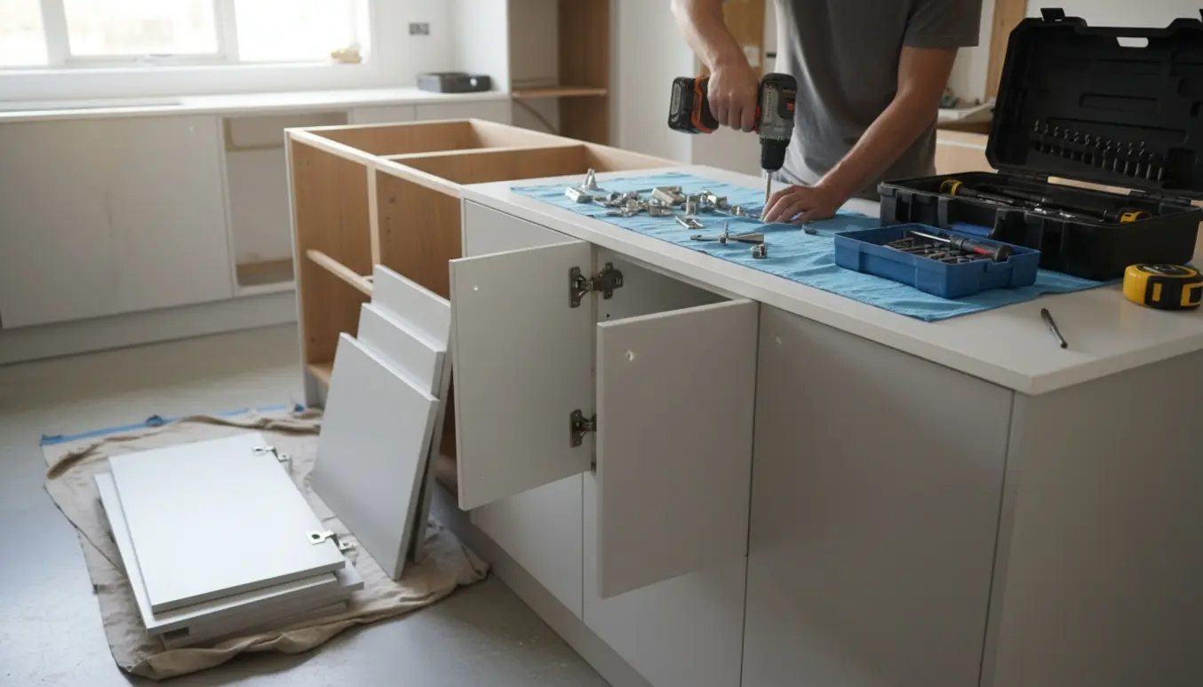 Nærbillede af montering af nye køkkenlåger og skuffer med værktøj og hængsler, uden synlige ansigter.