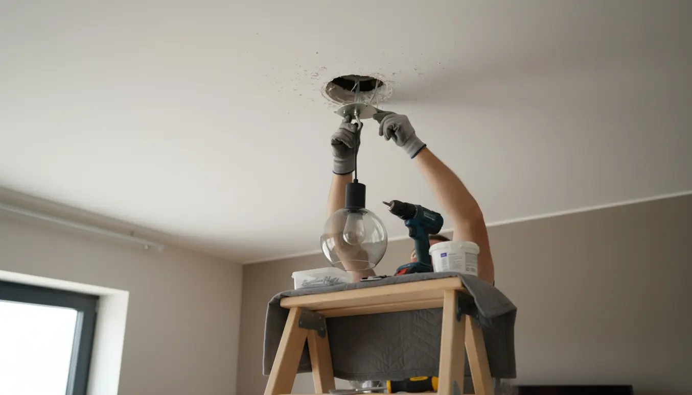 Hænder på en stige monterer en loftkrog til en lampe, med et større borehul i loftet og værktøj på trinnene.