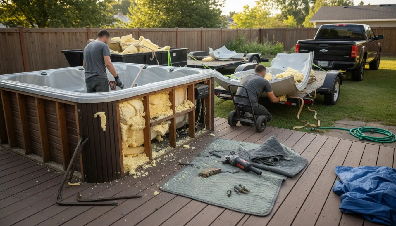 En delvist adskilt gammel spa bliver båret væk fra en baghave med værktøj og trailer i baggrunden.