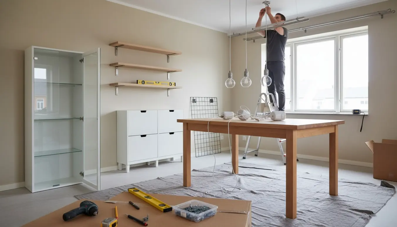 Værktøj og hænder monterer vitrineskab, hylder og lamper i en ny lejlighed.
