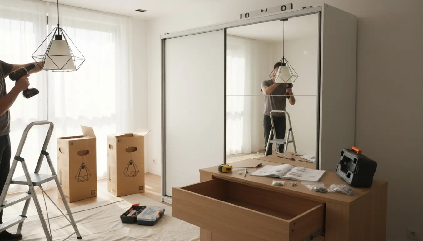 En person på en stige monterer en loftlampe, mens et delvist samlet tøjskab med skydedørspanel og en lille kommode står klar.