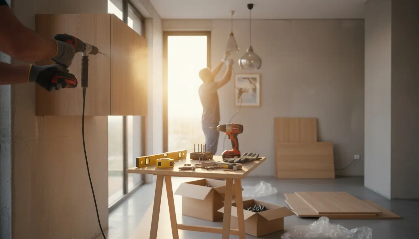 Hænder bruger en hammerboremaskine til at montere et vægskab på en betonvæg, omgivet af værktøj og samlede møbler i et lyst rum.