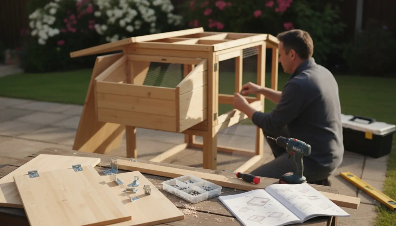 Delvist samlet træhønsehus i solbeskinnet have med værktøj og monteringsdele klar.