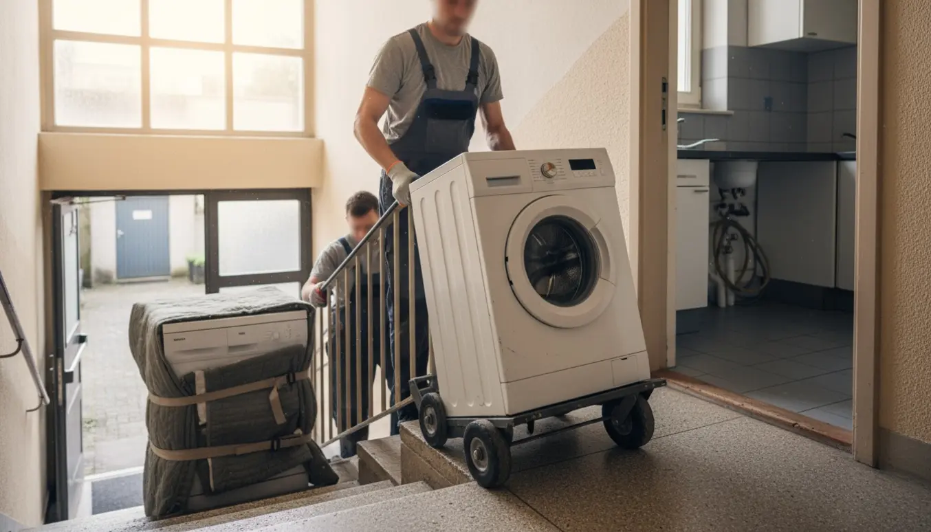 To personer bærer en vaskemaskine ned ad en smal trappe i en ejendom uden elevator, med opvaskemaskinen indpakket på landingen.