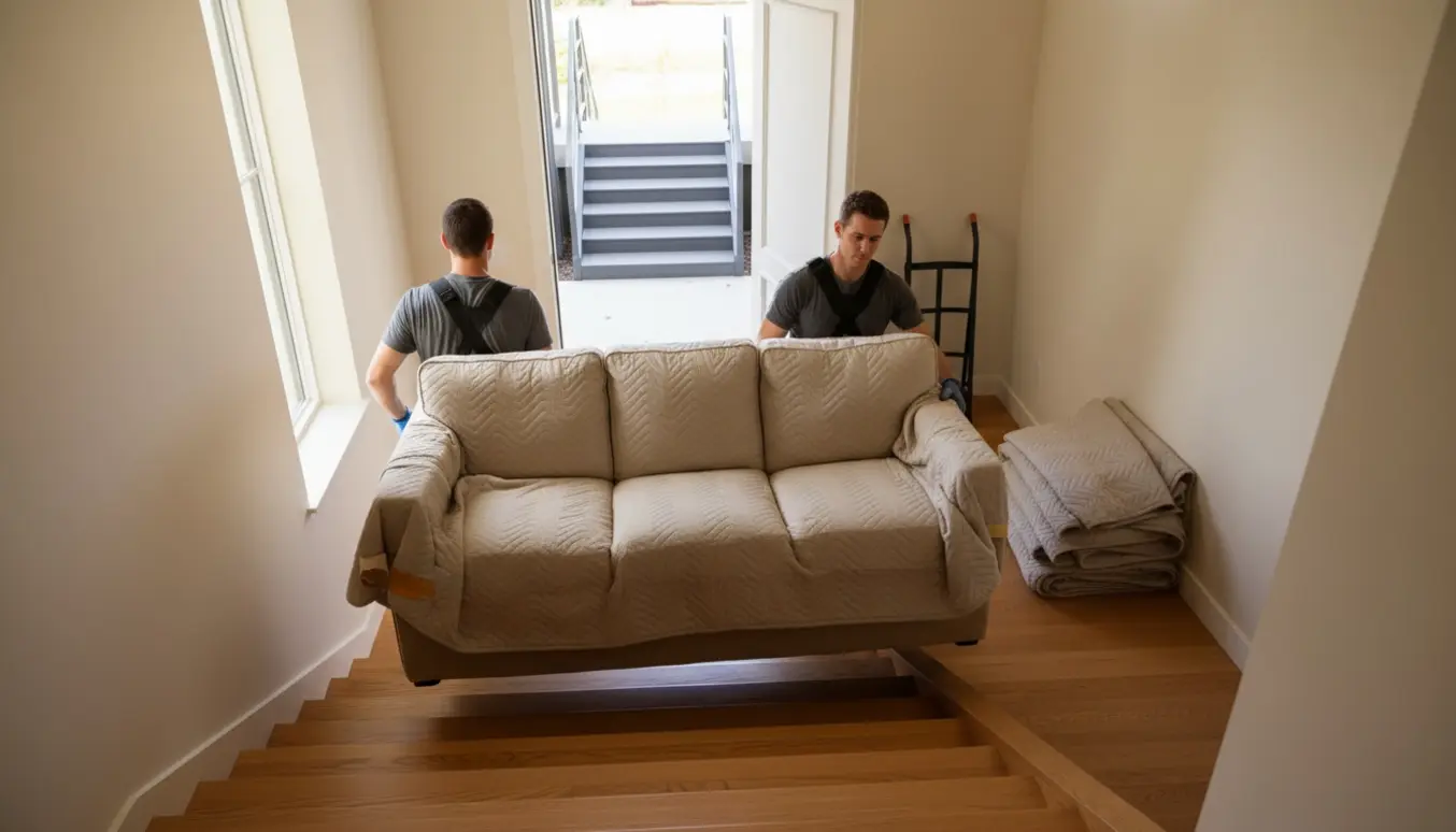 To personer bærer en sofa ned ad en indvendig trappe mod en åben dør med udvendig trappe, med flyttetæpper og remme.