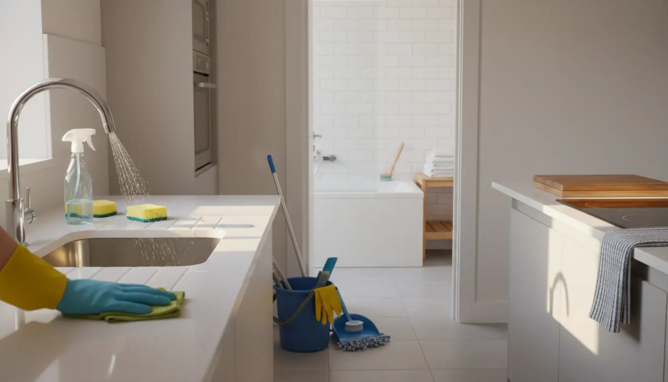 Nærbillede af grundig rengøring i køkkenet med handsker og klud og et skinnende badeværelse i baggrunden.