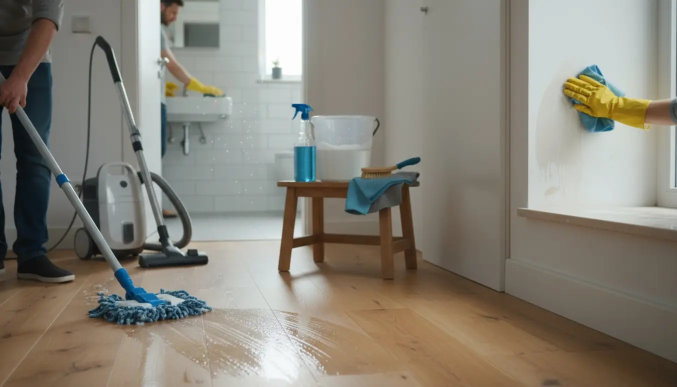 Dybtgående rengøring i hjemmet med moppe på trægulv, støvsuger og rengøringsartikler, og et skinnende badeværelse i baggrunden.