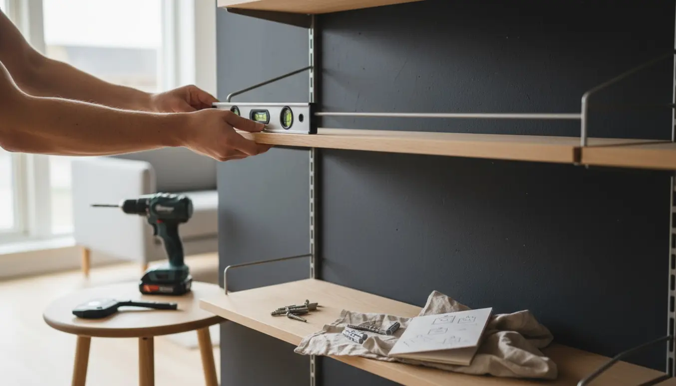 Hænder monterer en String-reol på en koksfarvet væg med boremaskine, dyvler og vaterpas.