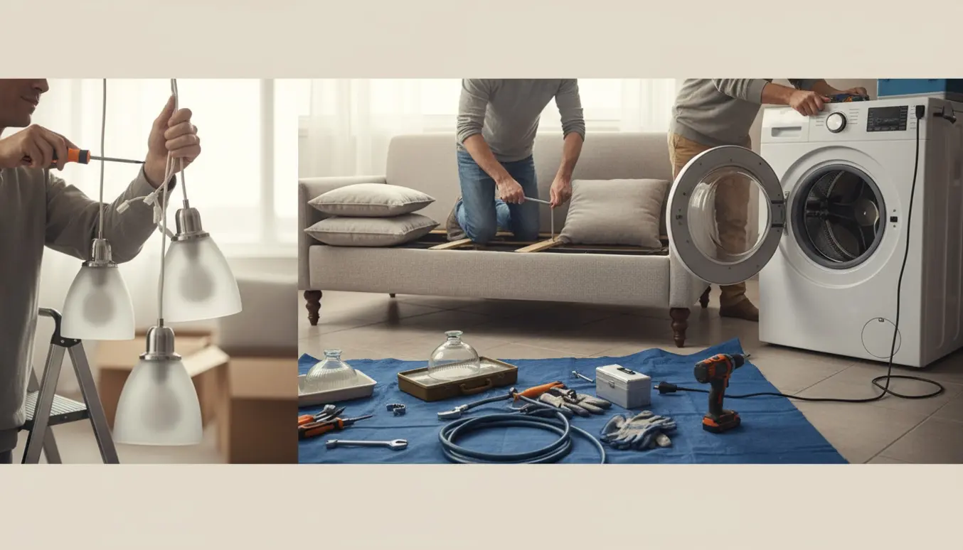 Hænder tager to loftslamper ned, sofa adskilles og en vaskesøjle afmonteres i et lyst hjem.