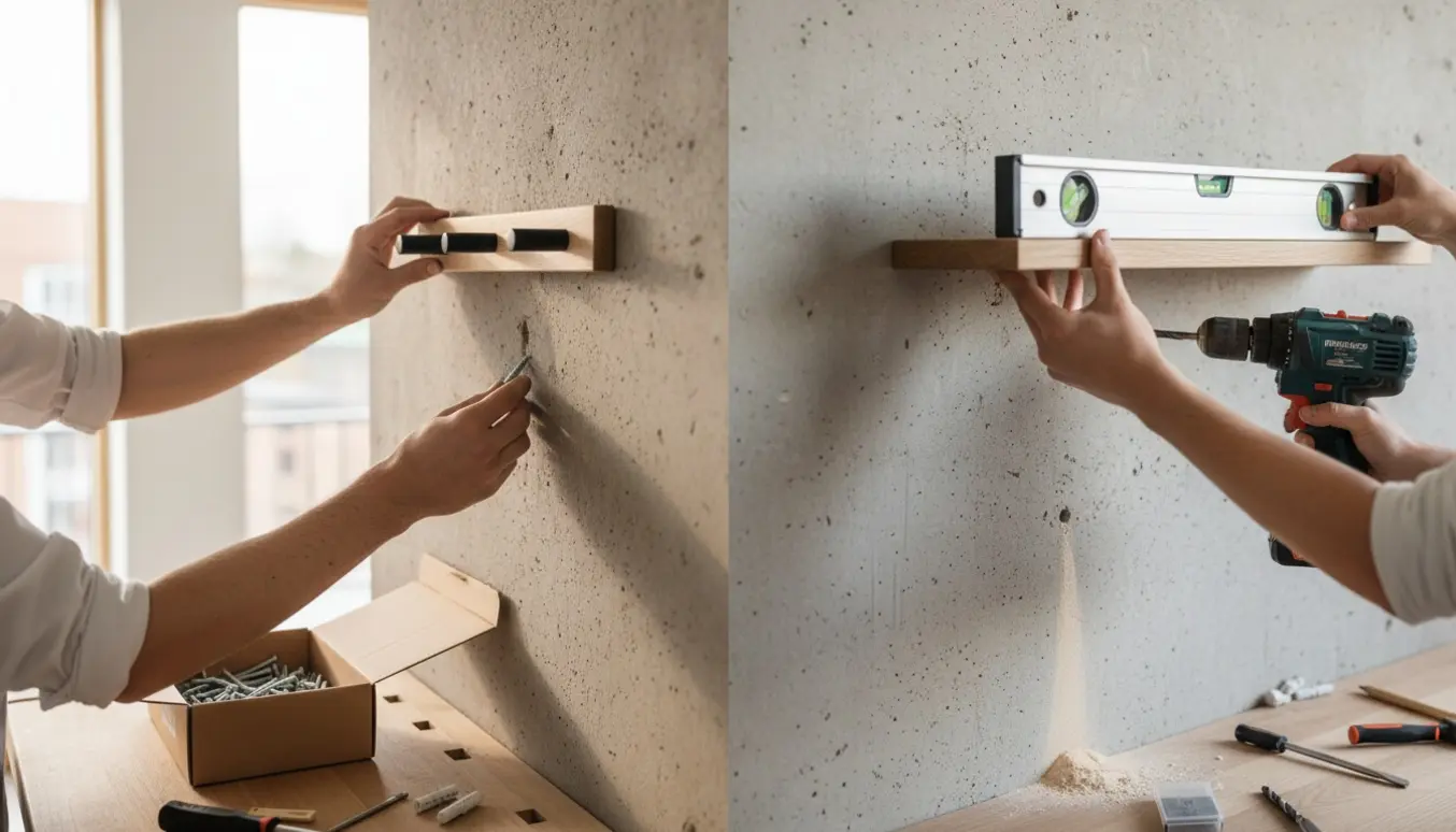 Nærbillede af ophængning af knagerække og køkkenhylde på en ru betonvæg med boremaskine og værktøj.